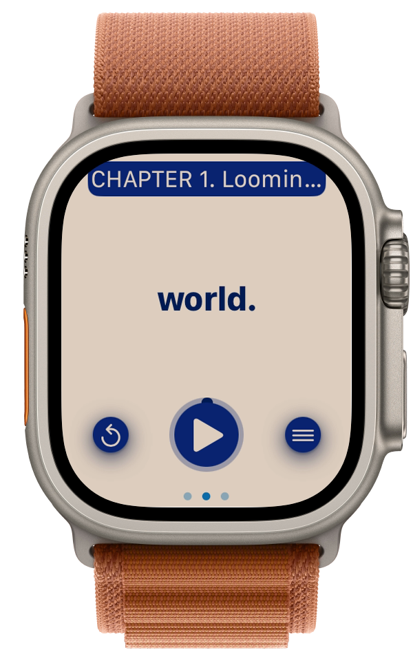 EPUB Reader for Watch in light mode showing RSVP reading on Apple Watch Ultra with terra cotta band