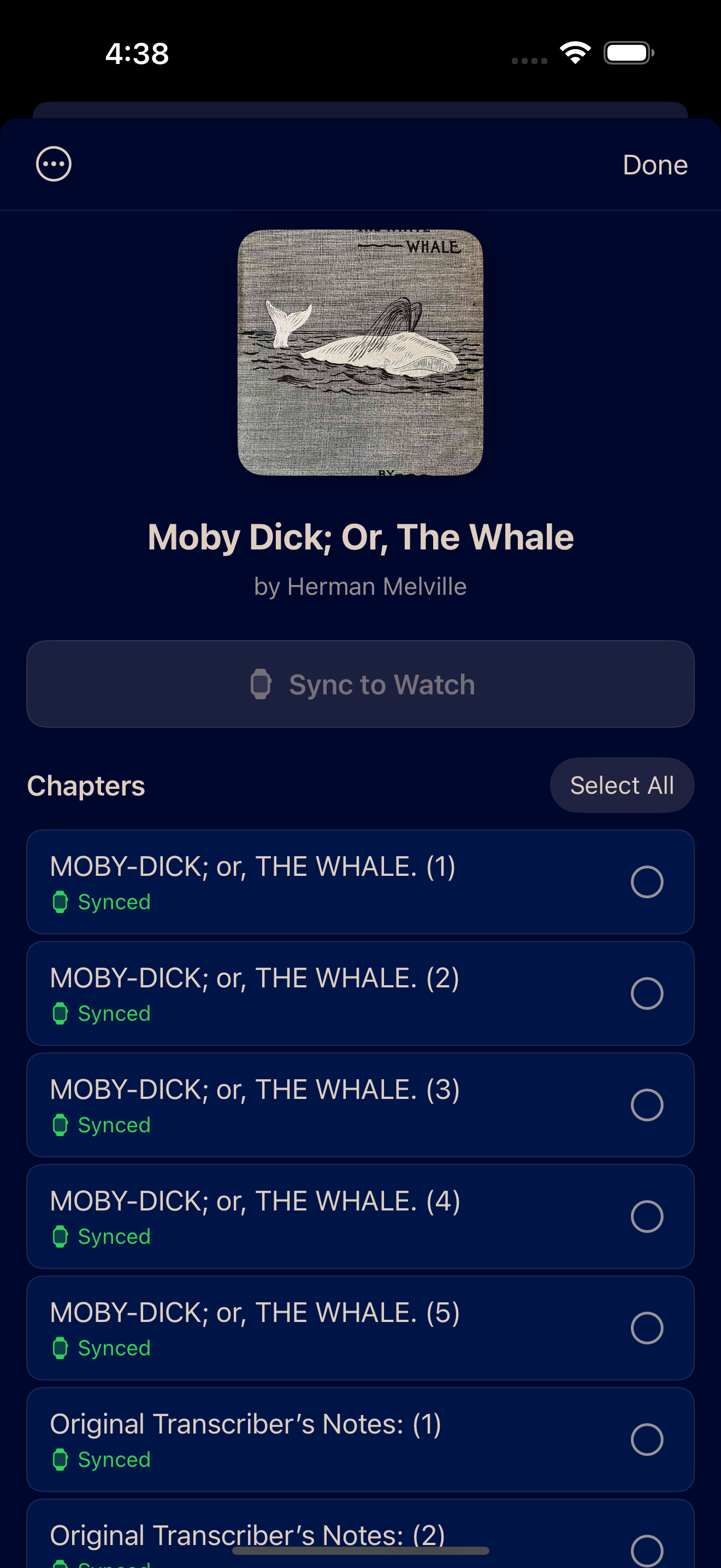 iPhone companion app showing chapter sync to Apple Watch for Moby Dick