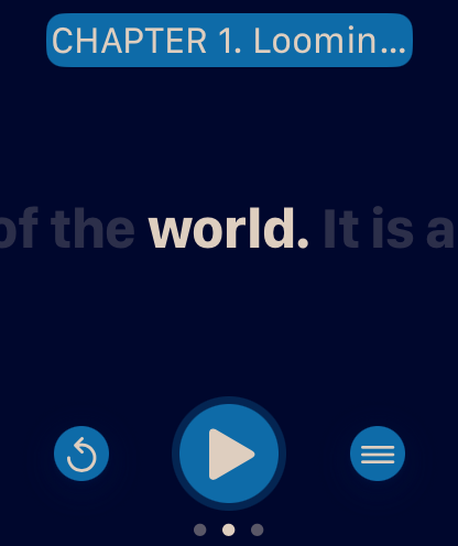 EPUB Reader for Watch showing Context Flow with surrounding word hints during RSVP speed reading on Apple Watch